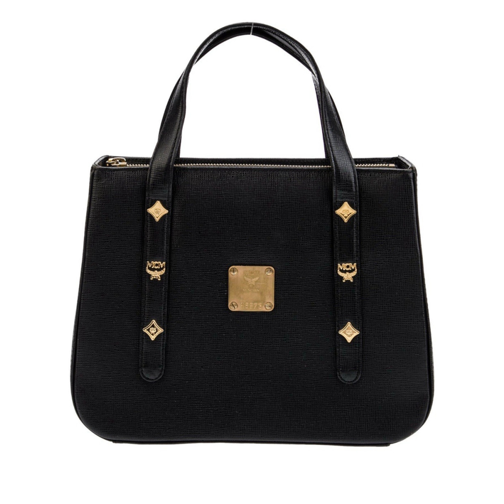 MCM Munchen Mini Black Leather Double Strap, Zip Tote•Gold Hardware & Studs•EUC